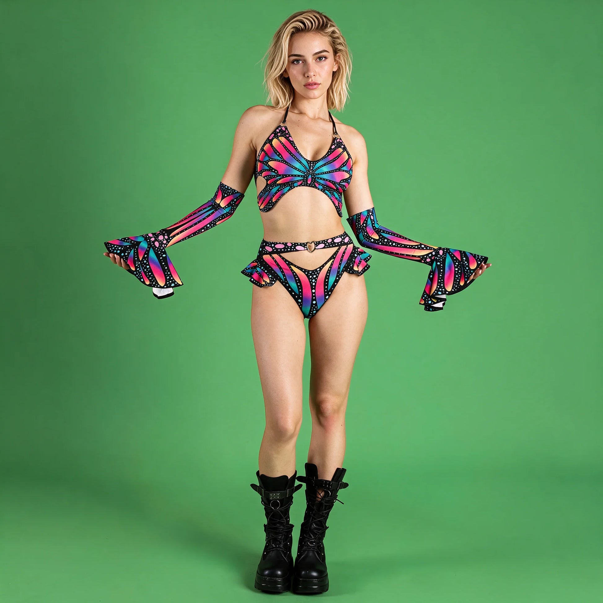 Women's Italian Fabric Butterfly Print Short Set | Vibrant Festival Two Piece Outfit 3
