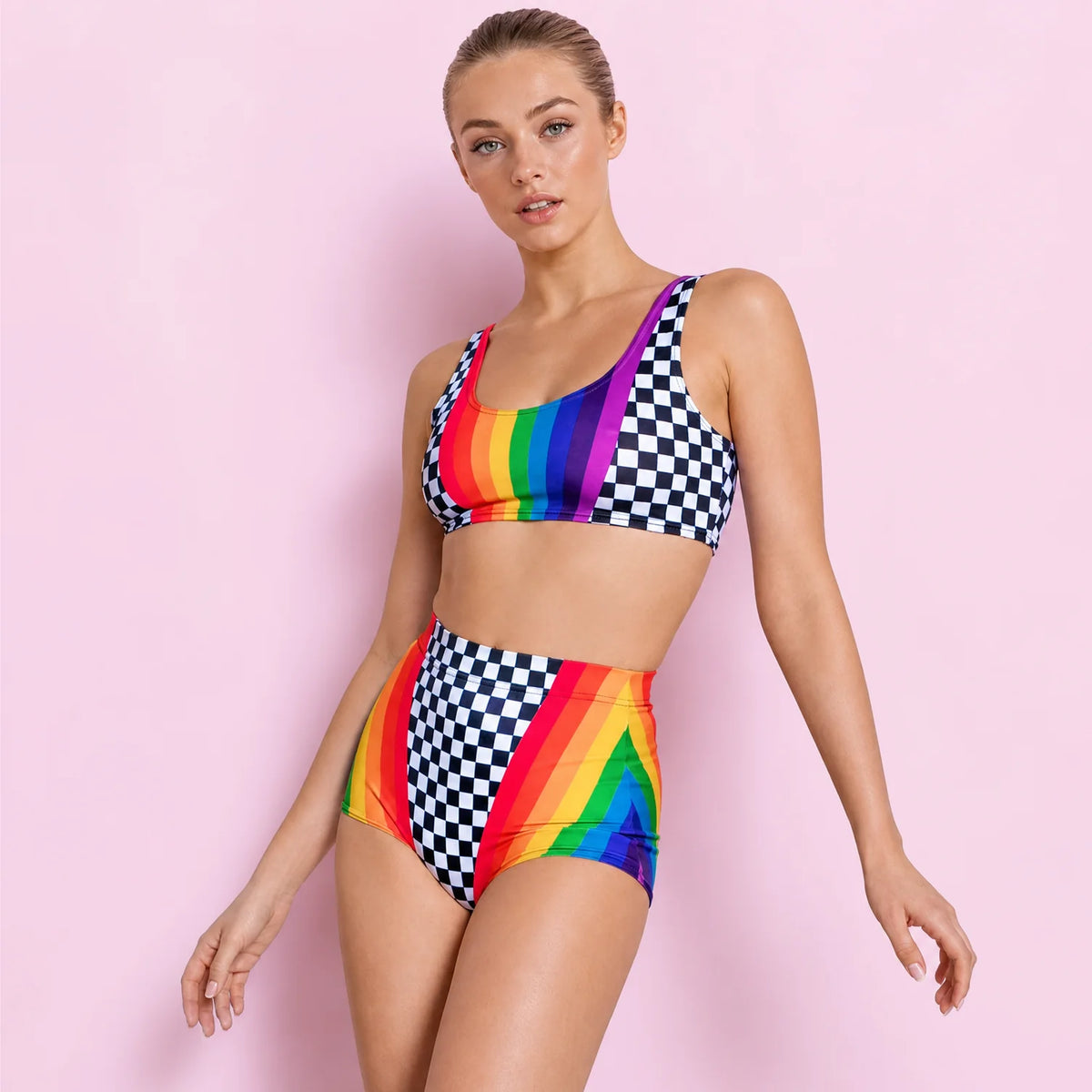 Women's Italian Fabric Rainbow Two Piece Short Set | Glossy High-Waist Crop Top and Booty Shorts 0