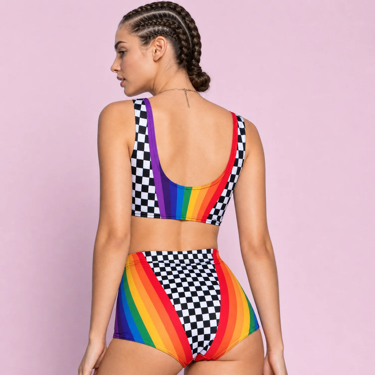 Women's Italian Fabric Rainbow Two Piece Short Set | Glossy High-Waist Crop Top and Booty Shorts 1