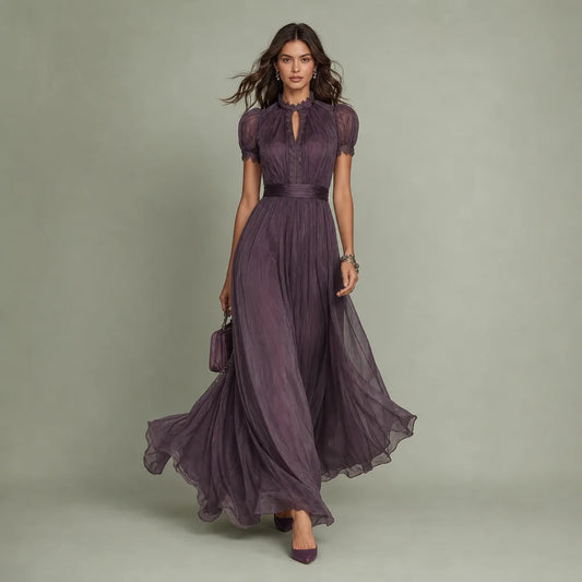 Women's Lightweight Chiffon Maxi Dress | Elegant Keyhole Neckline with Lace Trim 0