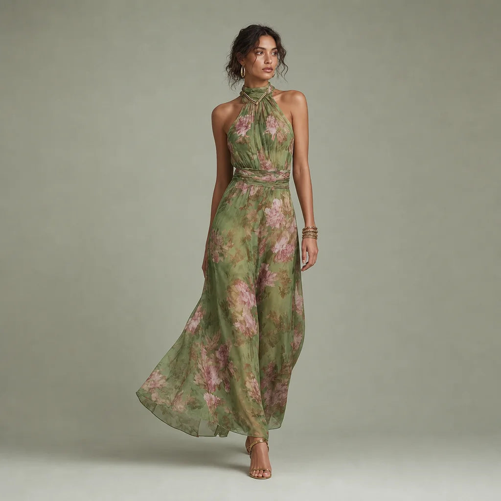 Women's Lightweight Floral Chiffon Maxi Dress | Elegant Halter Summer Gown 0