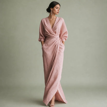 Women's Linen Blend Maxi Dress | Elegant Minimalist V-Neck Summer Dress 0