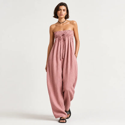 Women's Linen Blend Strapless Jumpsuit | Breezy Loose-Fit Summer Outfit 3