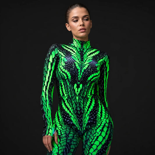 Women's Neon Polyester Costume | Edgy UV-Reactive Viper Suit for Halloween 0