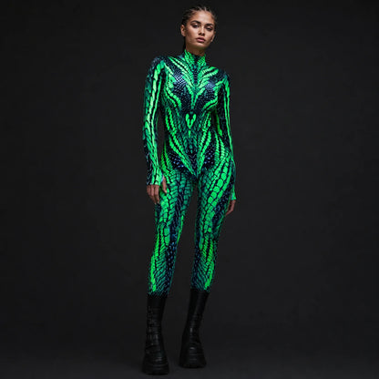Women's Neon Polyester Costume | Edgy UV-Reactive Viper Suit for Halloween 1