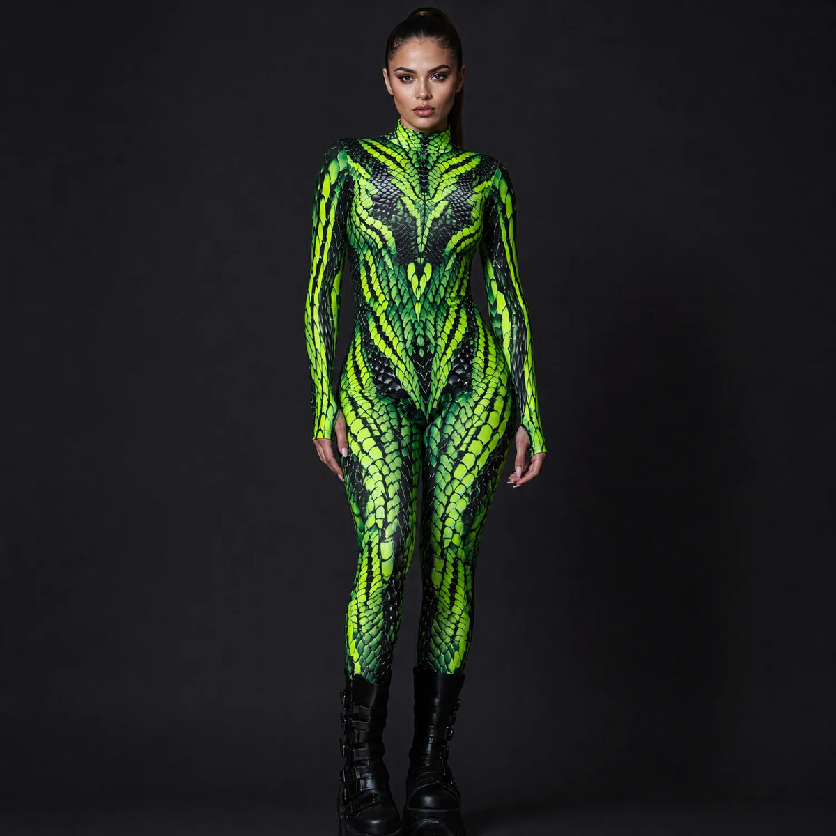 Women's Neon Polyester Costume | Edgy UV-Reactive Viper Suit for Halloween 3