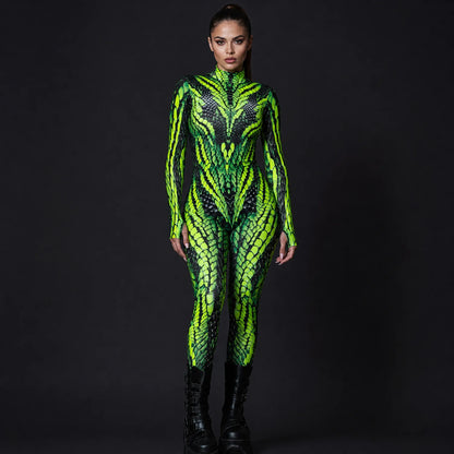 Women's Neon Polyester Costume | Edgy UV-Reactive Viper Suit for Halloween 3