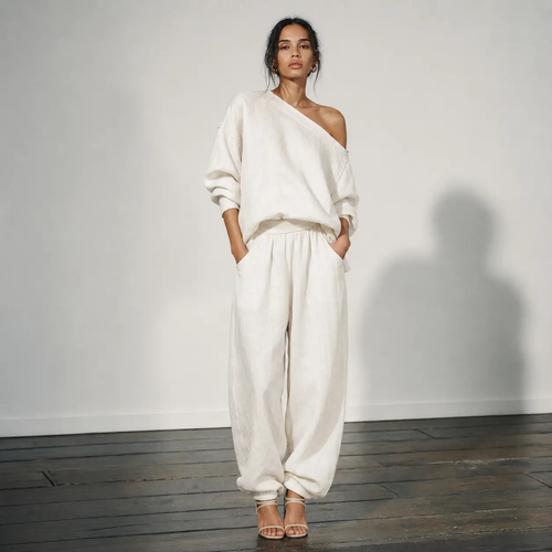 Women's Off-Shoulder Linen Blend Top & Tapered Pants Set in Off-White 0