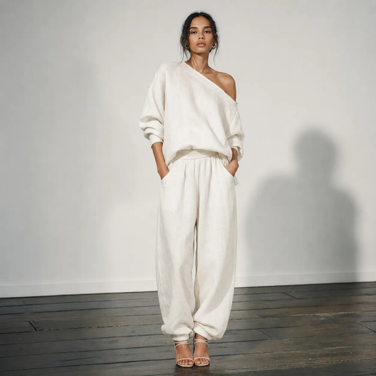 Women's Off-Shoulder Linen Blend Top & Tapered Pants Set in Off-White 0