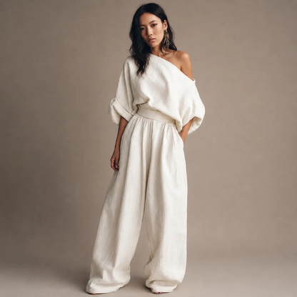 Women's Off-Shoulder Linen Blend Top & Tapered Pants Set in Off-White 1
