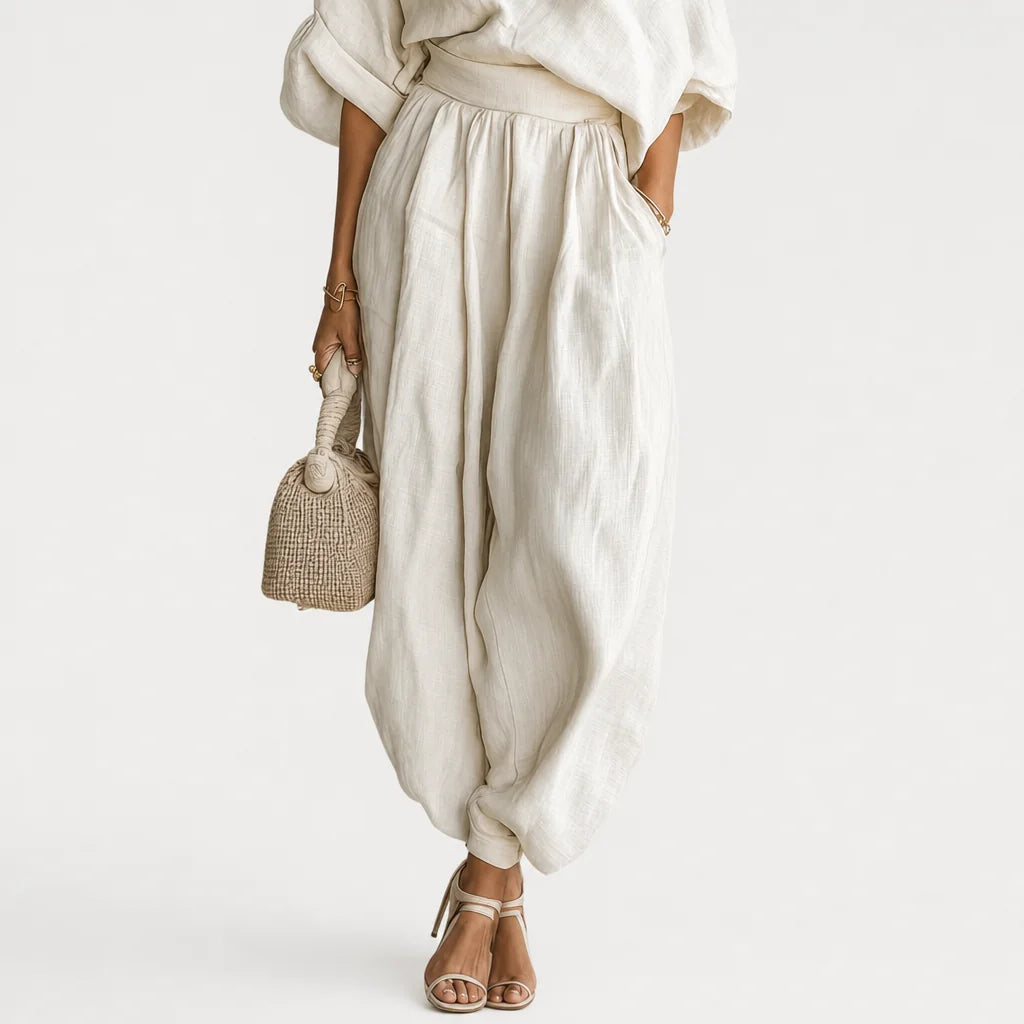 Women's Off-Shoulder Linen Blend Top & Tapered Pants Set in Off-White 2