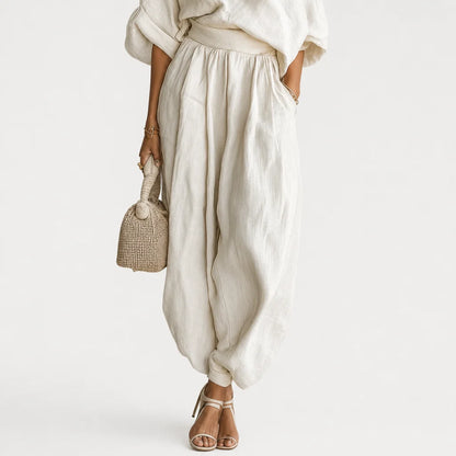 Women's Off-Shoulder Linen Blend Top & Tapered Pants Set in Off-White 2