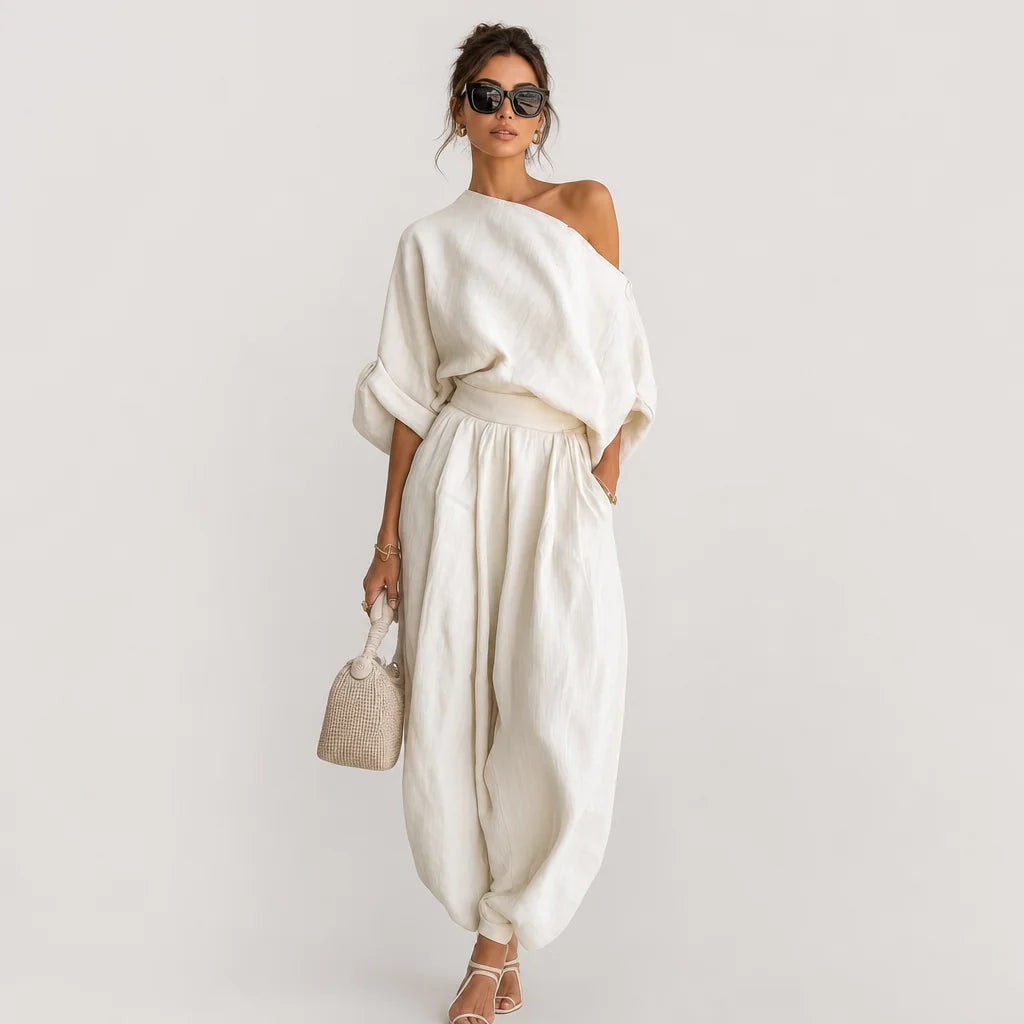 Women's Off-White Linen Casual Two Piece Set | Breezy Off-Shoulder Top and Tapered Pants 1