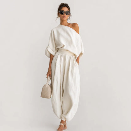 Women's Off-White Linen Casual Two Piece Set | Breezy Off-Shoulder Top and Tapered Pants 1