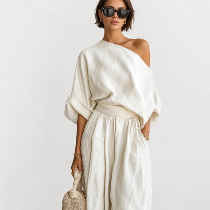 Women's Off-White Linen Casual Two Piece Set | Breezy Off-Shoulder Top and Tapered Pants 2