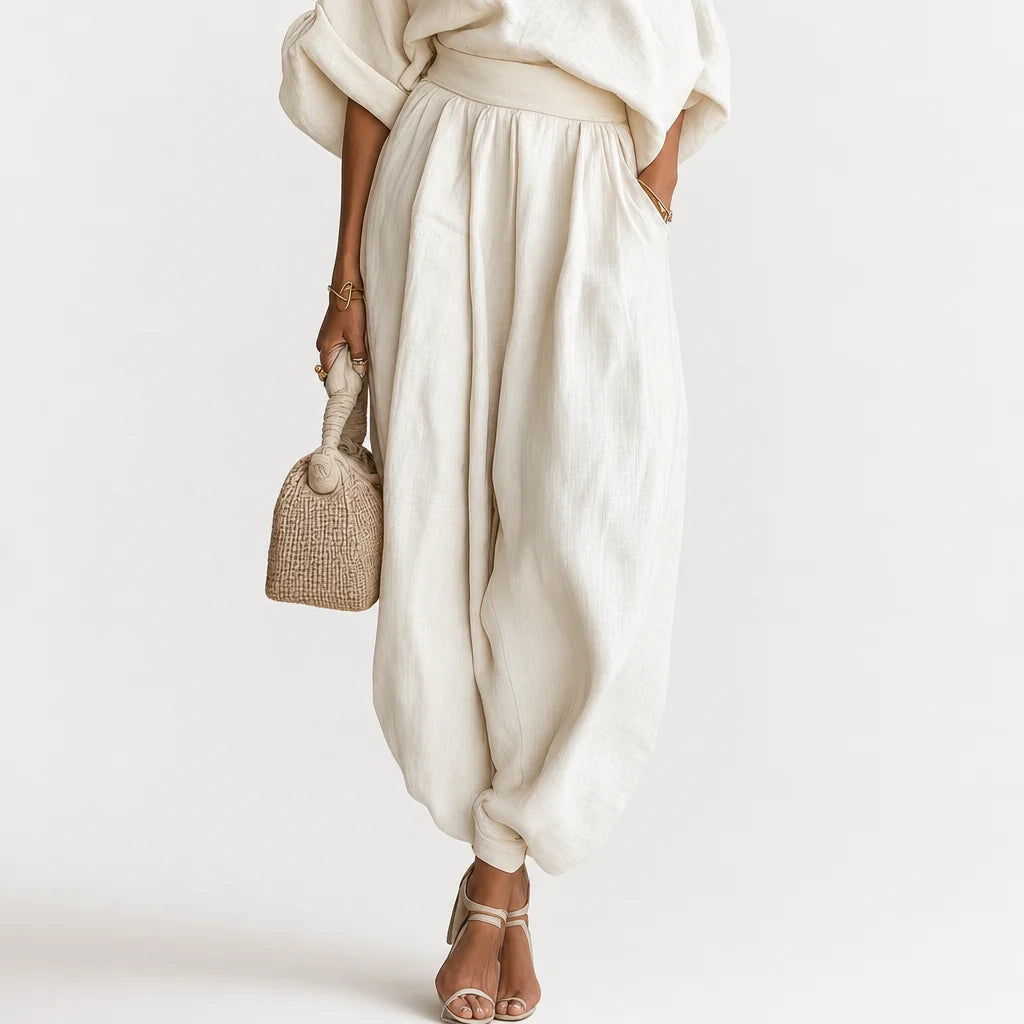 Women's Off-White Linen Casual Two Piece Set | Breezy Off-Shoulder Top and Tapered Pants 3