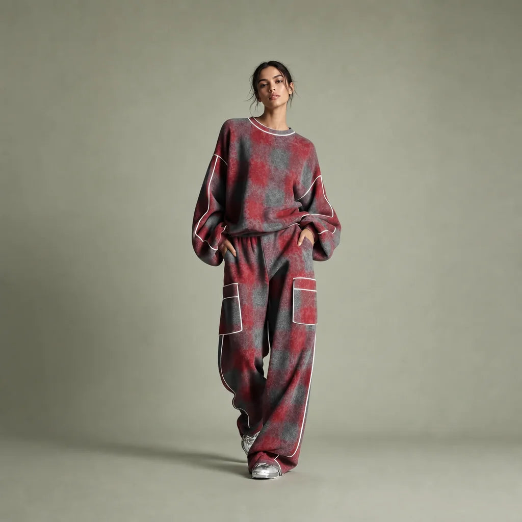 Women's Plaid Brushed Pantsuit | Stylish Distressed Spring-Fall Outfit 0