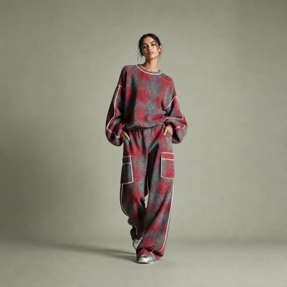 Women's Plaid Brushed Pantsuit | Stylish Distressed Spring-Fall Outfit 0