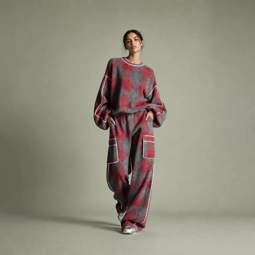 Women's Plaid Brushed Pantsuit | Stylish Distressed Spring-Fall Outfit 0