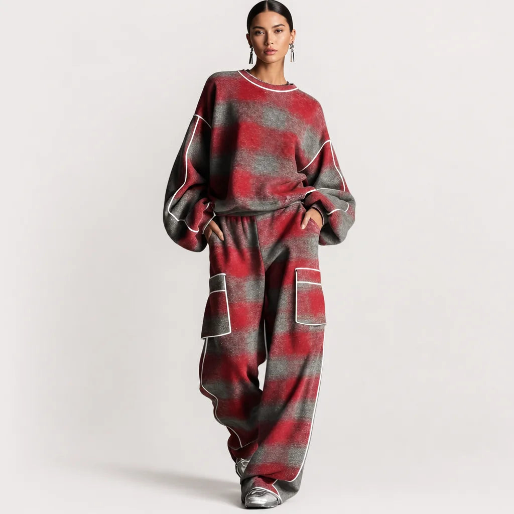 Women's Plaid Brushed Pantsuit | Stylish Distressed Spring-Fall Outfit 1