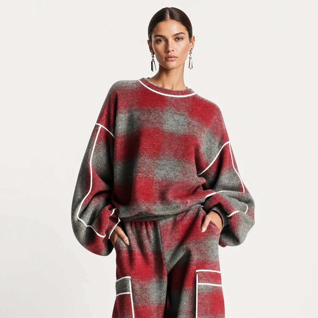 Women's Plaid Brushed Pantsuit | Stylish Distressed Spring-Fall Outfit 2