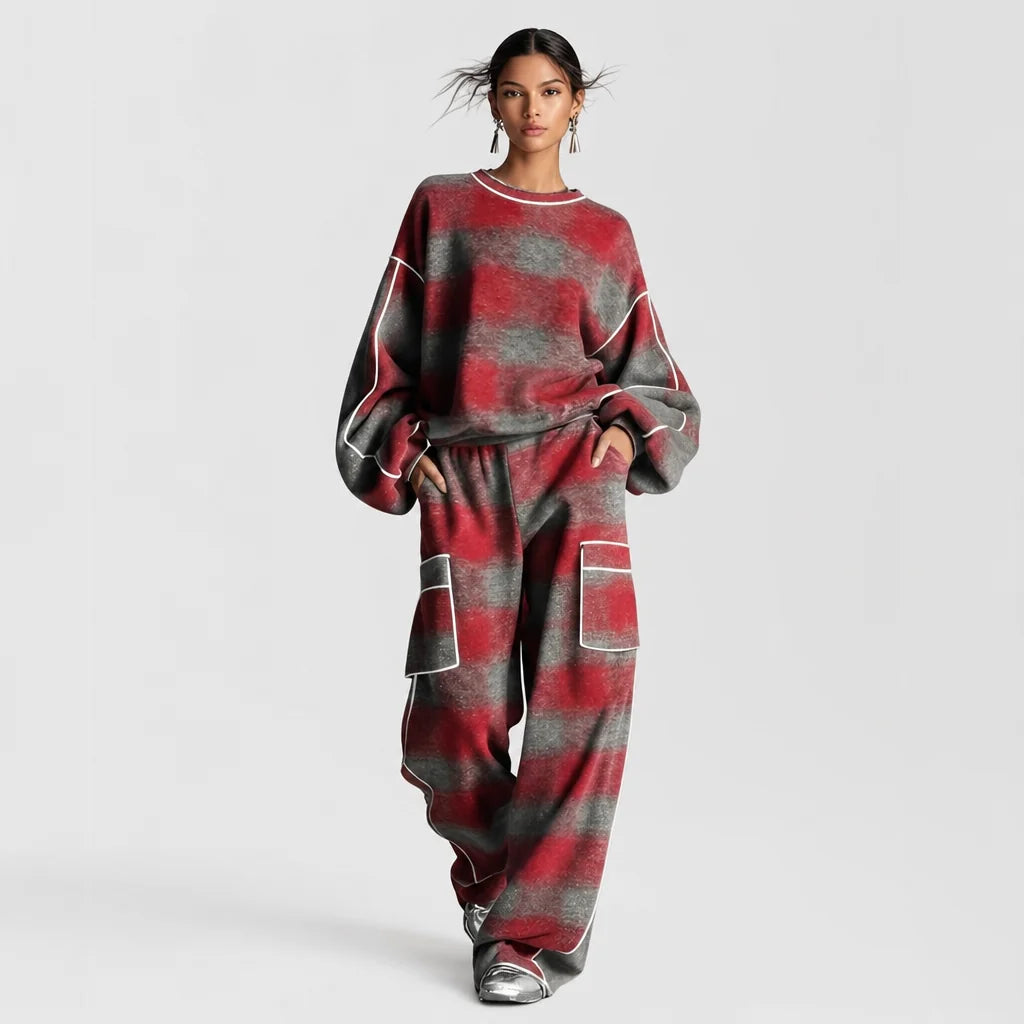 Women's Plaid Brushed Pantsuit | Stylish Distressed Spring-Fall Outfit 4