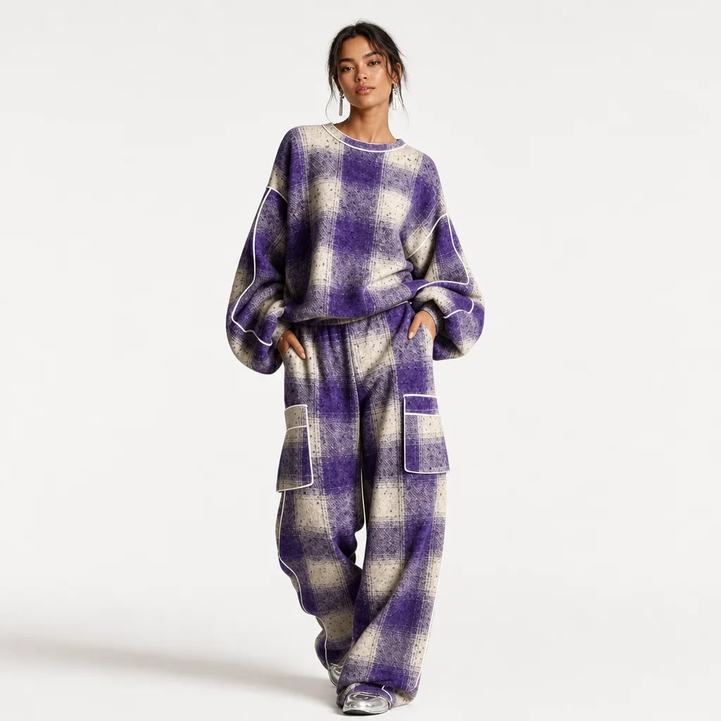 Women's Plaid Brushed Pantsuit | Stylish Distressed Spring-Fall Outfit 5