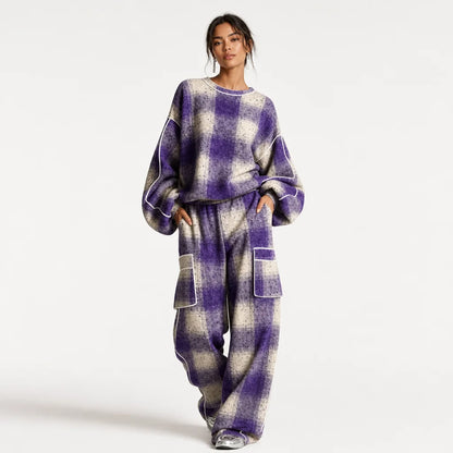 Women's Plaid Brushed Pantsuit | Stylish Distressed Spring-Fall Outfit 5