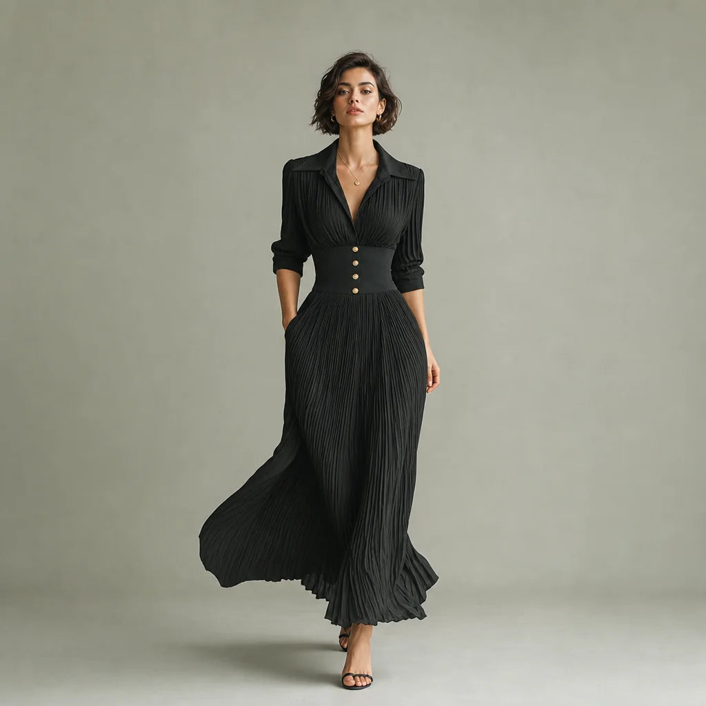 Women's Polyester Blend Maxi Dress | Elegant Pleated Long Sleeve Formal Dress 0
