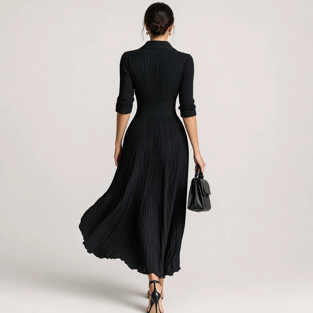 Women's Polyester Blend Maxi Dress | Elegant Pleated Long Sleeve Formal Dress 1