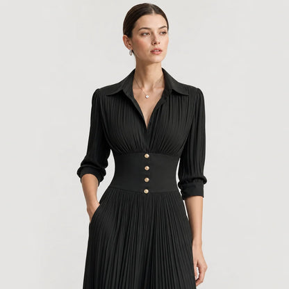 Women's Polyester Blend Maxi Dress | Elegant Pleated Long Sleeve Formal Dress 2
