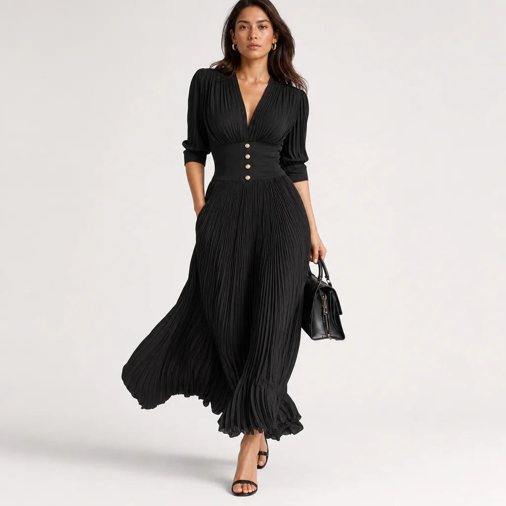 Women's Polyester Blend Maxi Dress | Elegant Pleated Long Sleeve Formal Dress 3