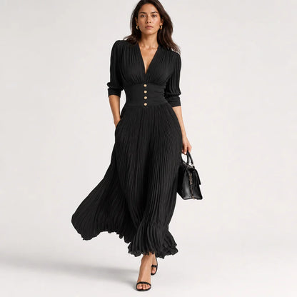 Women's Polyester Blend Maxi Dress | Elegant Pleated Long Sleeve Formal Dress 3