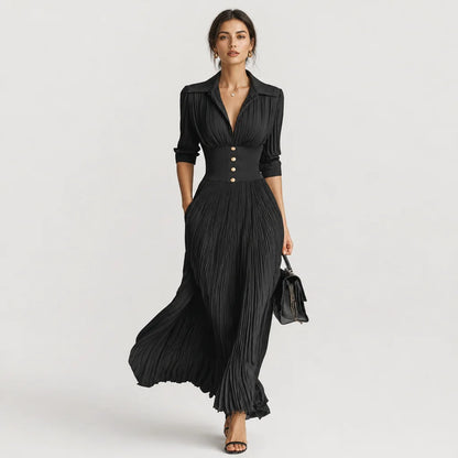 Women's Polyester Blend Maxi Dress | Elegant Pleated Long Sleeve Formal Dress 4