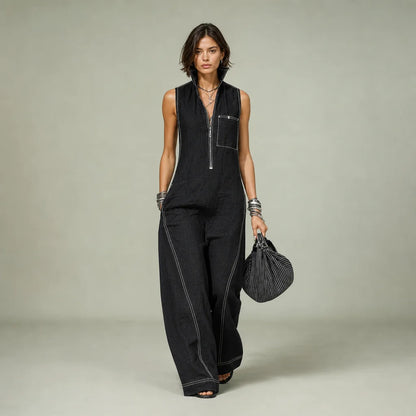 Women's Polyester Blend Sleeveless Jumpsuit | Elegant Loose-Fit Casual Romper 0