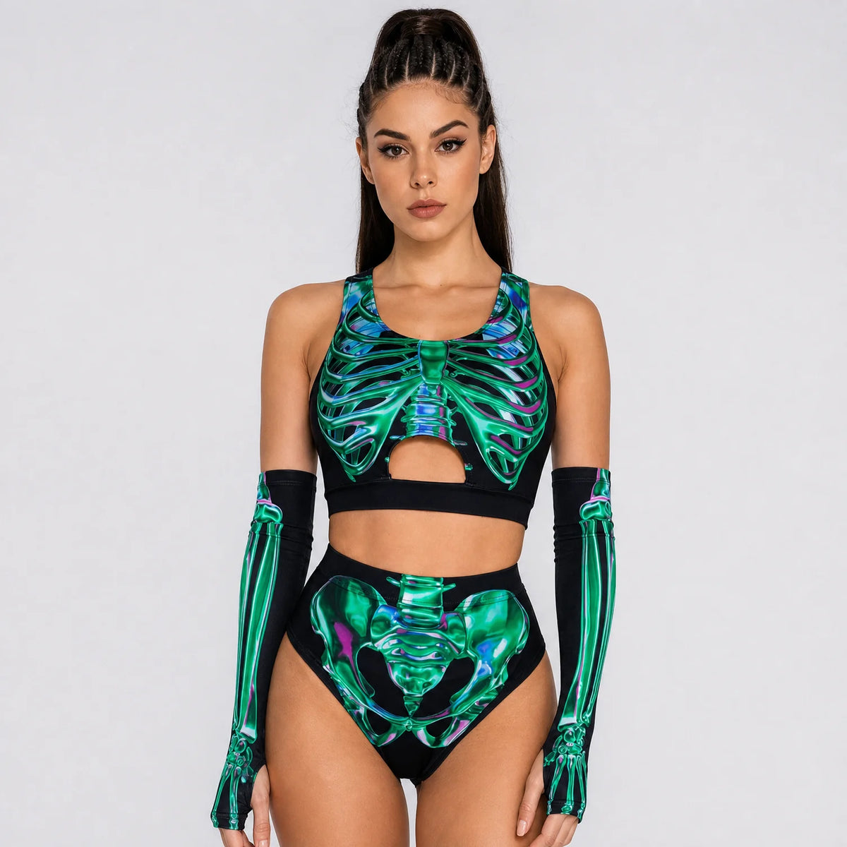 Women's Polyester Skeleton Print Set | Sleek Cropped Top and Booty Shorts 2