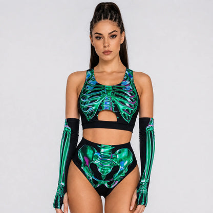 Women's Polyester Skeleton Print Set | Sleek Cropped Top and Booty Shorts 2