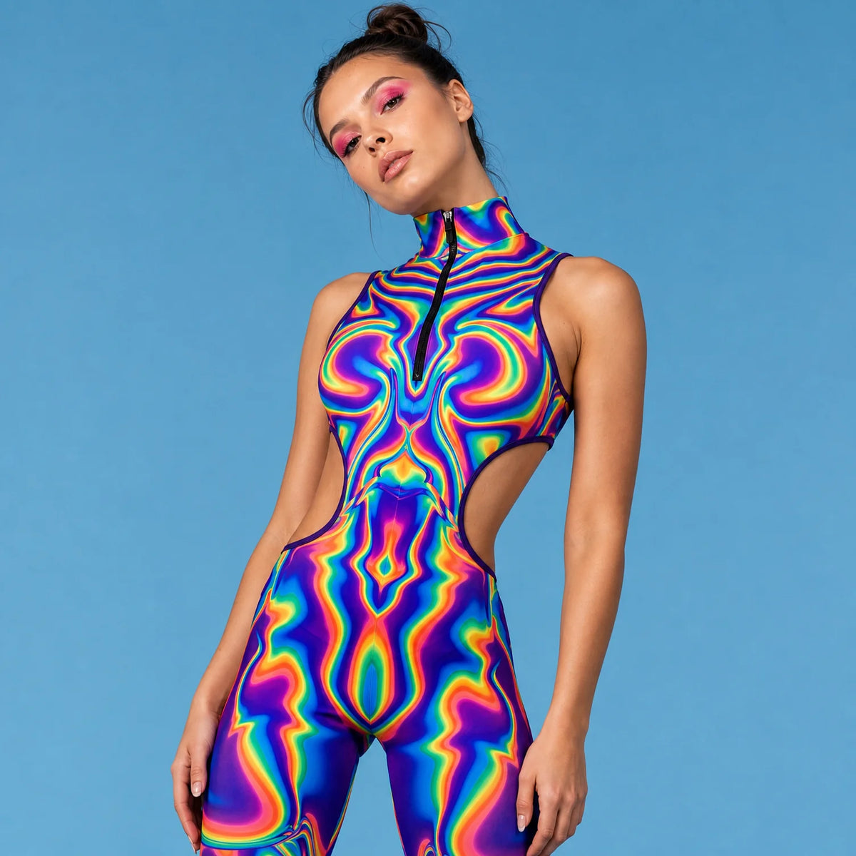 Women's Psychedelic Polyester Bodysuit | Funky Cut-Out Form-Fitting Catsuit 0