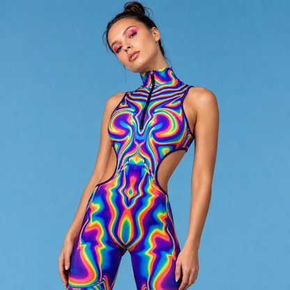 Women's Psychedelic Polyester Bodysuit | Funky Cut-Out Form-Fitting Catsuit 0