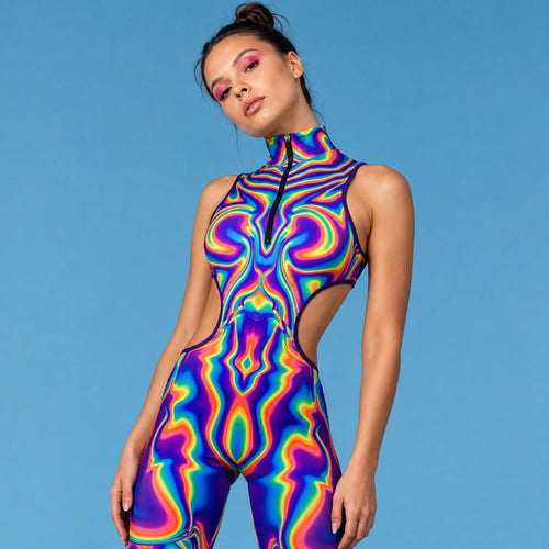 Women's Psychedelic Polyester Bodysuit | Funky Cut-Out Form-Fitting Catsuit 0