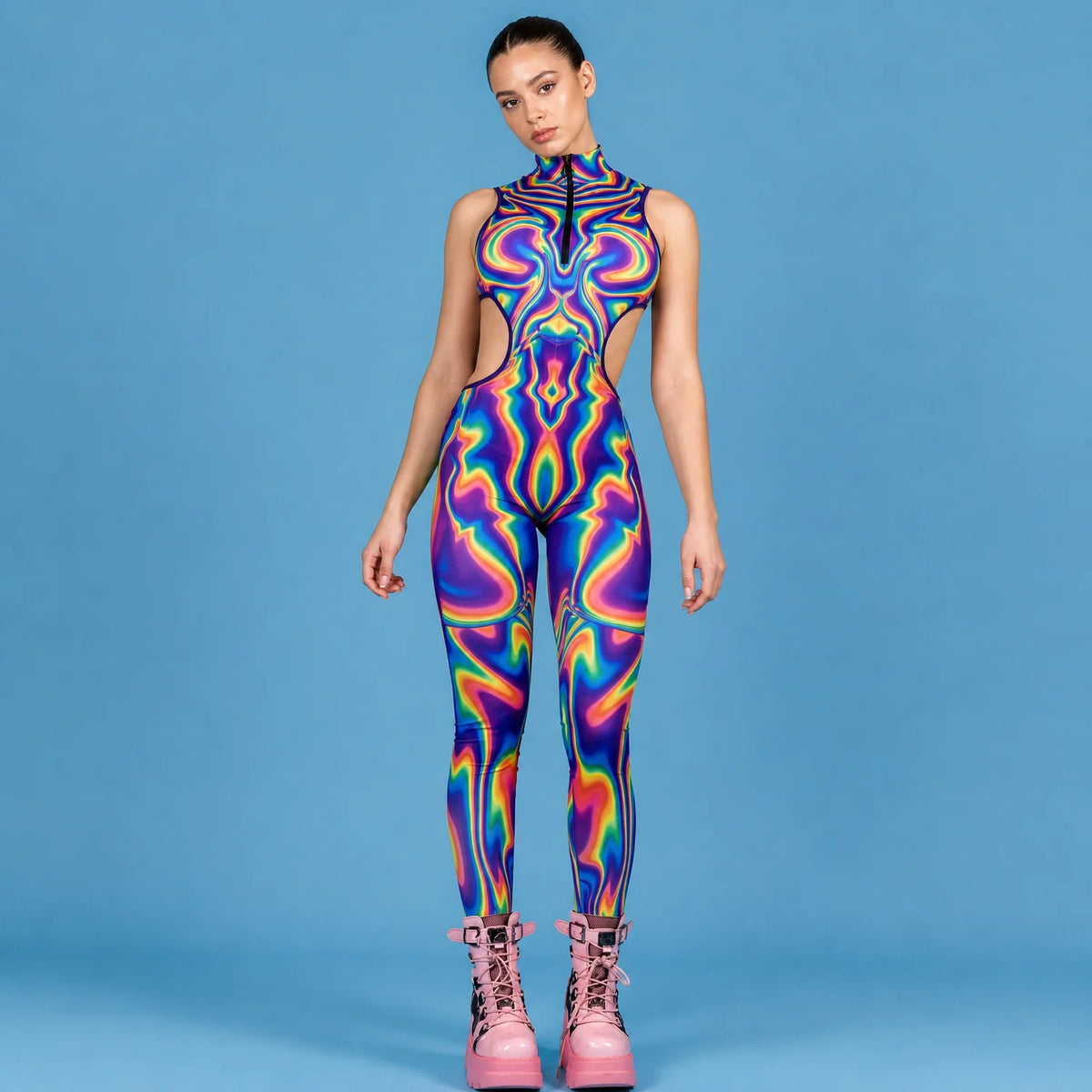 Women's Psychedelic Polyester Bodysuit | Funky Cut-Out Form-Fitting Catsuit 1