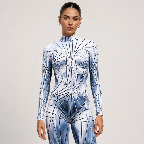 Women's Shattered Mirror Print Costume | Sleek Form-Fitting Halloween Outfit 0