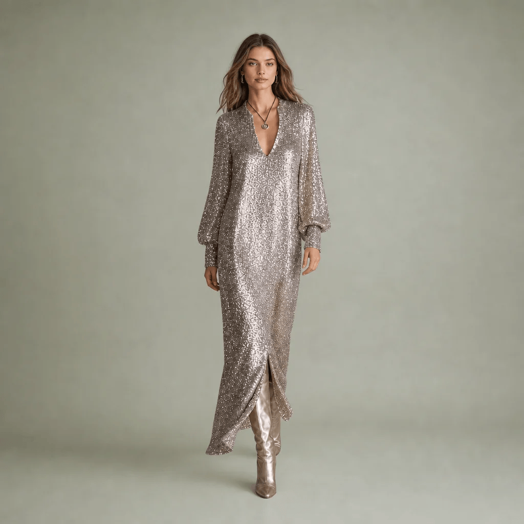 Women's Shimmering Polyester Maxi Dress | Elegant Loose-Fit V-Neck Evening Gown 0