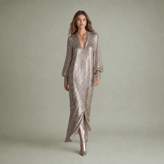 Women's Shimmering Polyester Maxi Dress | Elegant Loose-Fit V-Neck Evening Gown 0