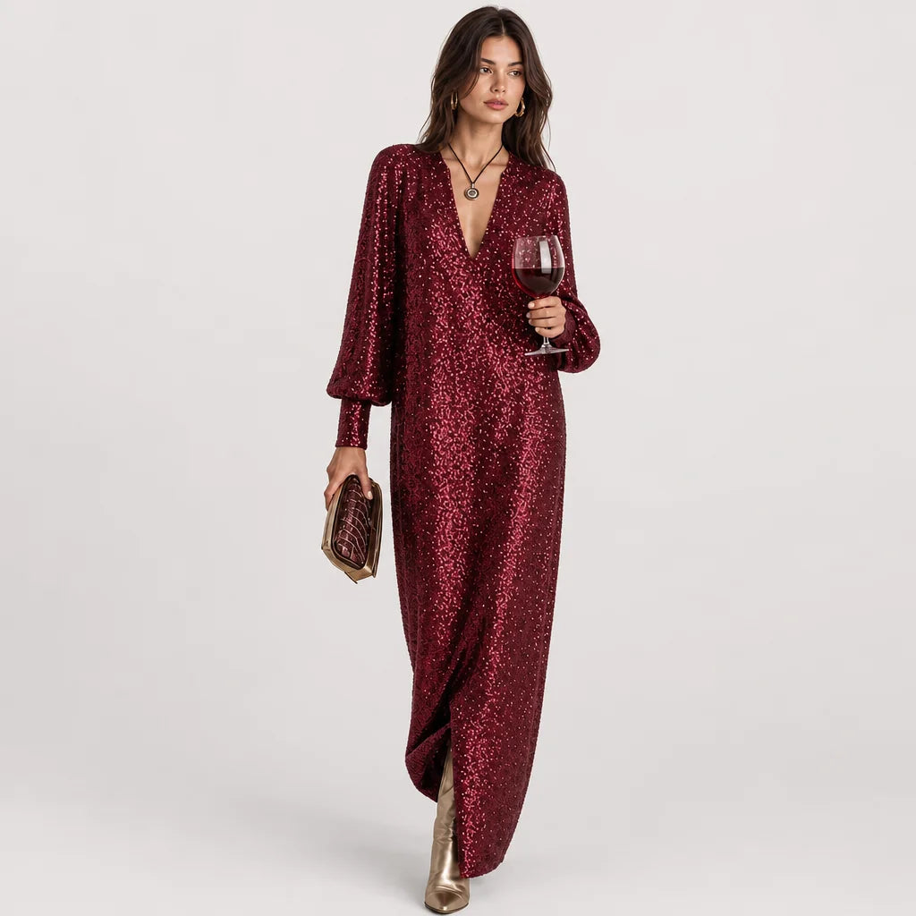 Women's Shimmering Polyester Maxi Dress | Elegant Loose-Fit V-Neck Evening Gown 1