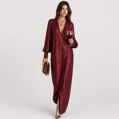Women's Shimmering Polyester Maxi Dress | Elegant Loose-Fit V-Neck Evening Gown 1