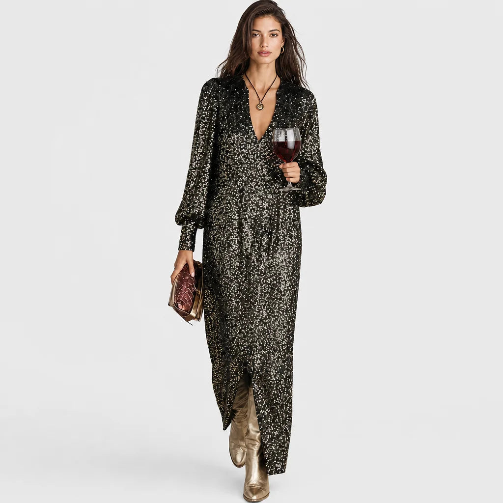 Women's Shimmering Polyester Maxi Dress | Elegant Loose-Fit V-Neck Evening Gown 2