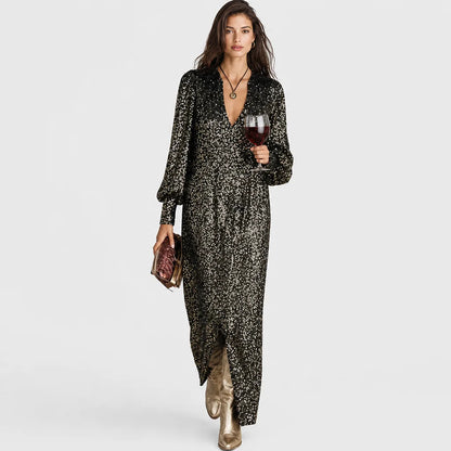 Women's Shimmering Polyester Maxi Dress | Elegant Loose-Fit V-Neck Evening Gown 2