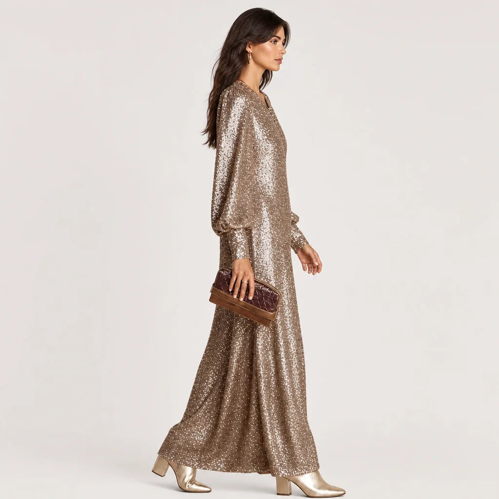 Women's Shimmering Polyester Maxi Dress | Elegant Loose-Fit V-Neck Evening Gown 4