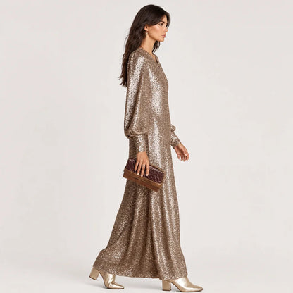 Women's Shimmering Polyester Maxi Dress | Elegant Loose-Fit V-Neck Evening Gown 4
